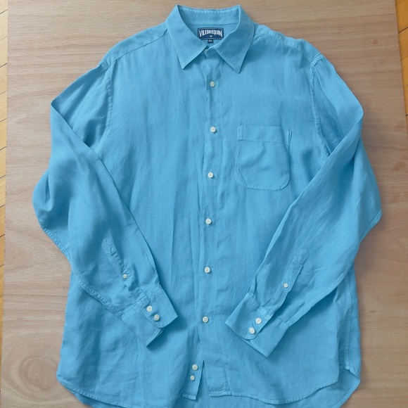 Vilebrequin 100% linen button down shirt men's size XXL aqua teal pockets casual - Picture 2 of 8